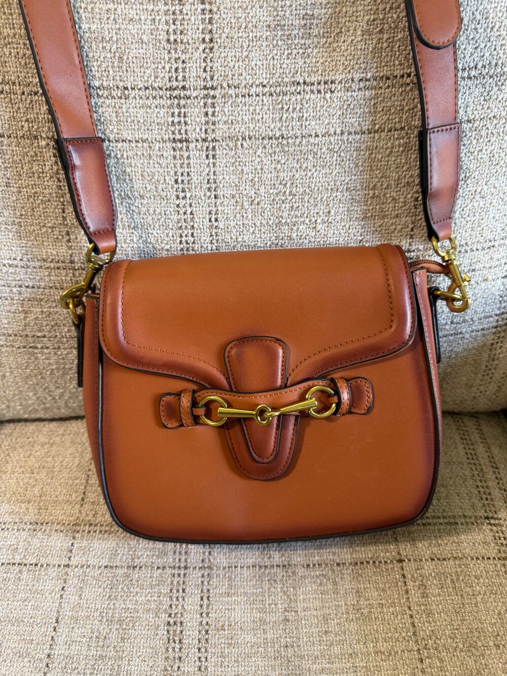 Shoulder Bag Women's Brown Leather Horsebit Detail Adjustable Crossbody Straps